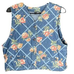 Vintage Lizwear Denim Vest Womens P Large Blue Floral Cropped Button Cottagecore